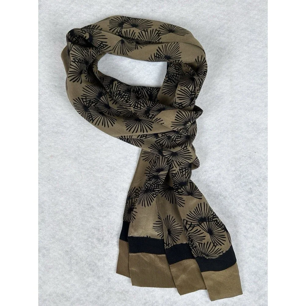Kavita Hand Screened Silk Scarf Olive Drab Black Pine Crepe Oblong 10x64